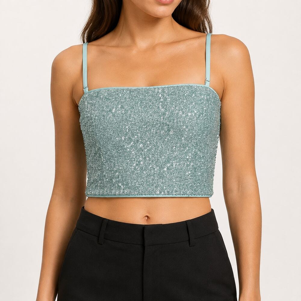Susana Monaco Mint Sequin Spaghetti Strap Crop Top Large
